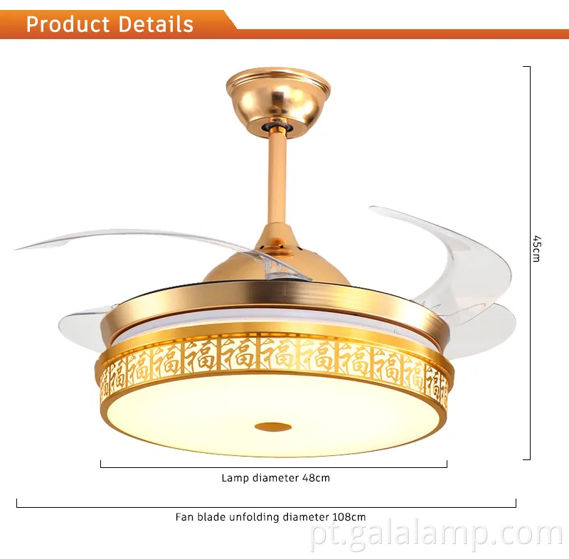 Ventilador de teto de lâmina retrátil com controle remoto e luz LED